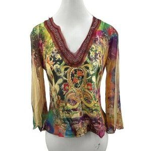 Simply Irresistible Y2K Women's M Long Sleeve Sheer Top Blouse V-Neck Vintage
